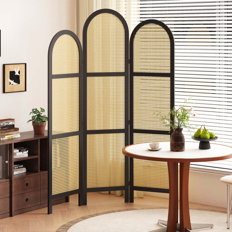 3-Panel Pine Wood Frame Room Divider with Natural Cane Design – Modern Japanese-Inspired Folding Screen, Black