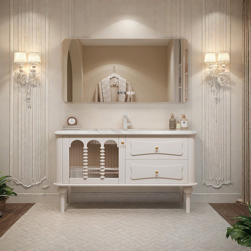 French minimalist cream-style bathroom cabinet, 59"
