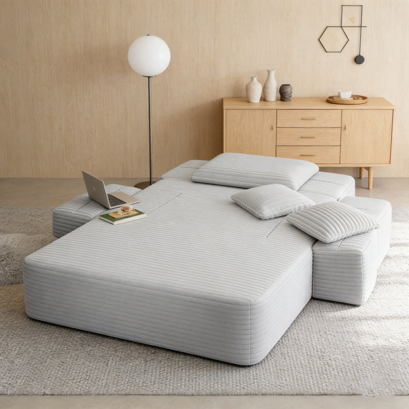 Chaise longue en velours côtelé avec 3 coussins, LIGHT GREY