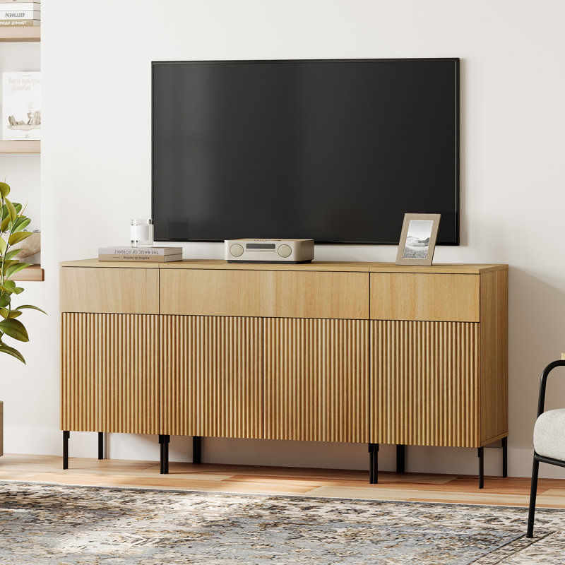 Aadham 63" Modern Reeded TV Stand With Doors, Entertainment Center With Shelf, Wooden TV Console With Drawers For Living Room