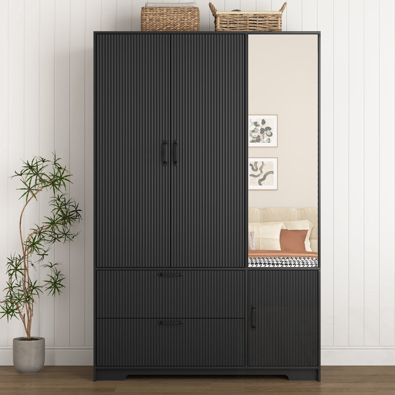 Garde-robe à DEL avec portes et 2 tiroirs, Noir