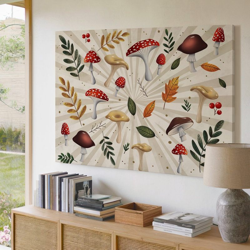 Toile, un motif fantaisiste qui se déploie avec un éventail de champignons et d'art mural, feuilles d'automne sur un fond crème doux