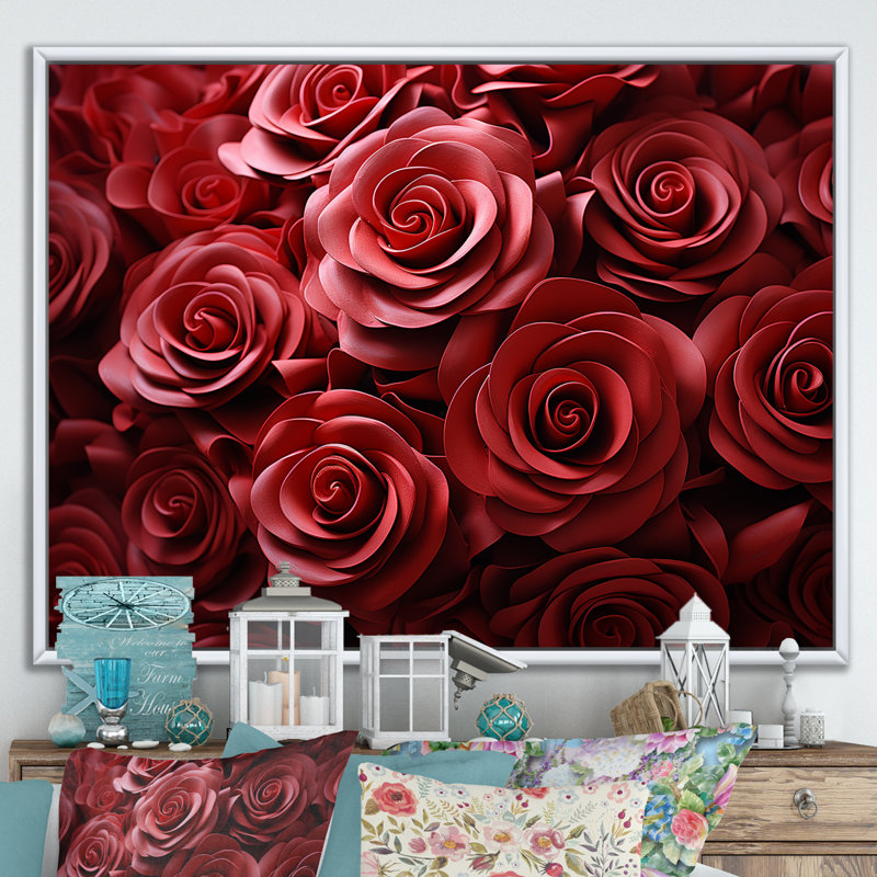 «Red Classic Rose Resencer I - Roses», art mural, Cadre flottant blanc, H 16 po x l 32 po x P 1 po