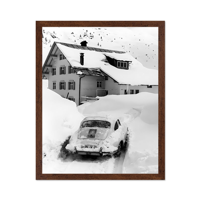 Voiture coincée dans la neige, 08"H x 10"W, Poster, Brown Framed