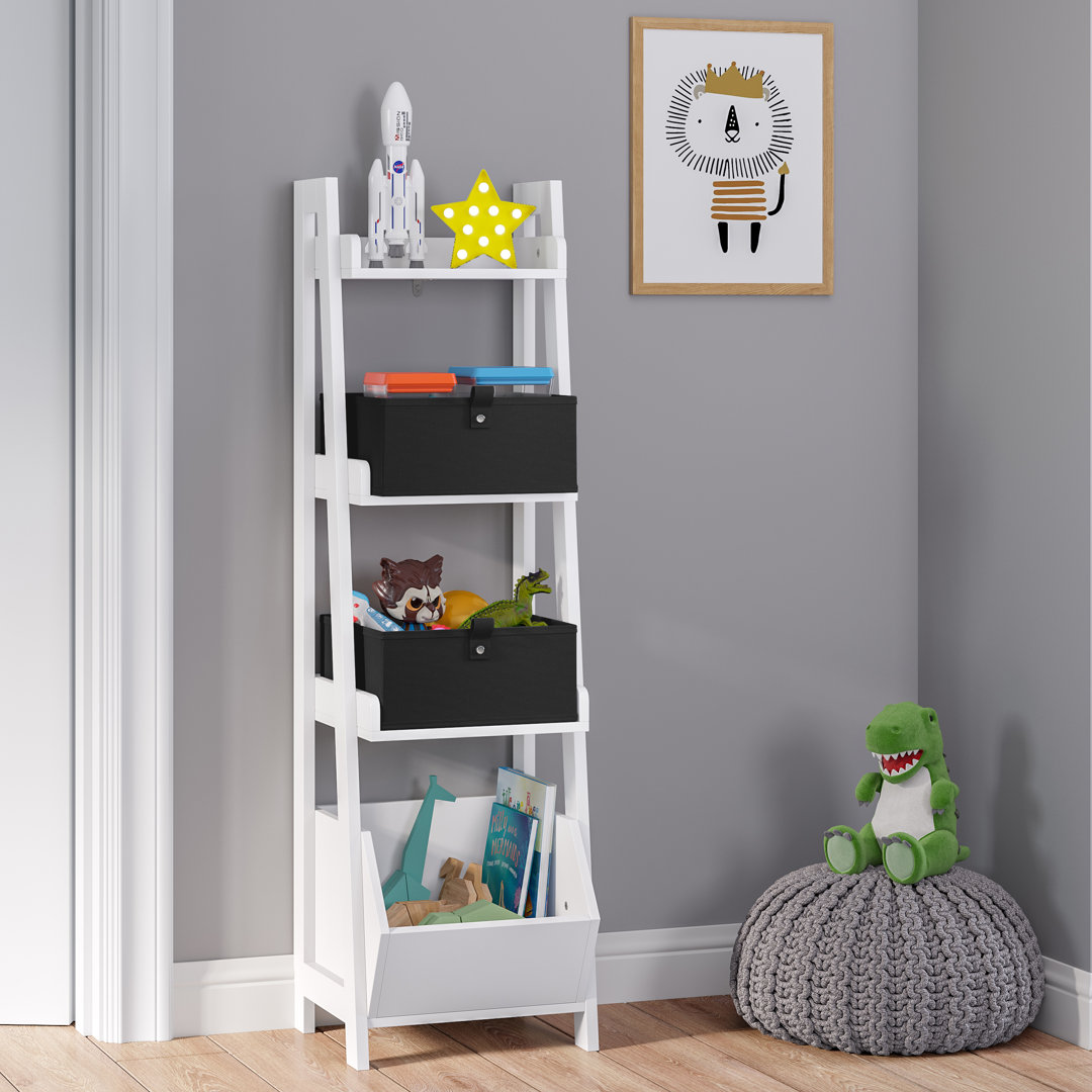 RiverRidge Kids 4-Tier 13in Ladder Shelf Toy Organizer and Book Storage with 3 Open Display Shelves- White with Two 5" Fabric Bins RiverRidge Home 