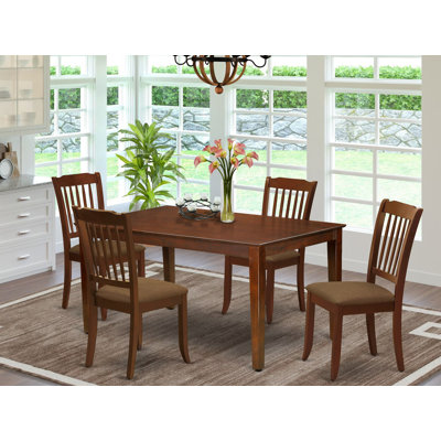 5 Piece Dinette Set for 4 Includes a Rectangle Dining Room Table and 4 Linen Fabric Upholstered Dining Chairs, 36x60 Inch, Mahogany