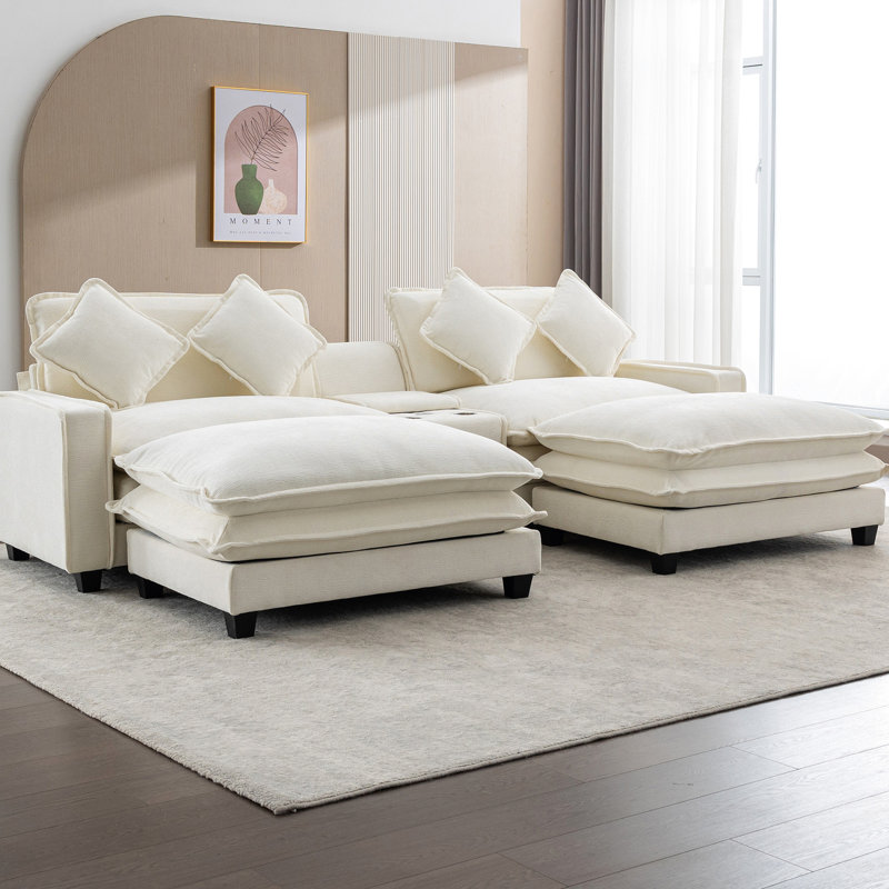 Canapé modulaire en chenille beige de 111 po avec deux repose-pieds amovibles, coussin double, hublots, porte-gobelets, grand rangement et 4 coussins décoratifs pour le salon, beige, coussins décoratifs cachés, respirant