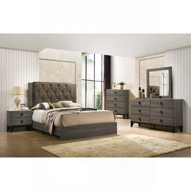 Lit de chambre à coucher contemporain contemporain 1pc avec tête de lit capitonnée en bois d'hévéa 1pc