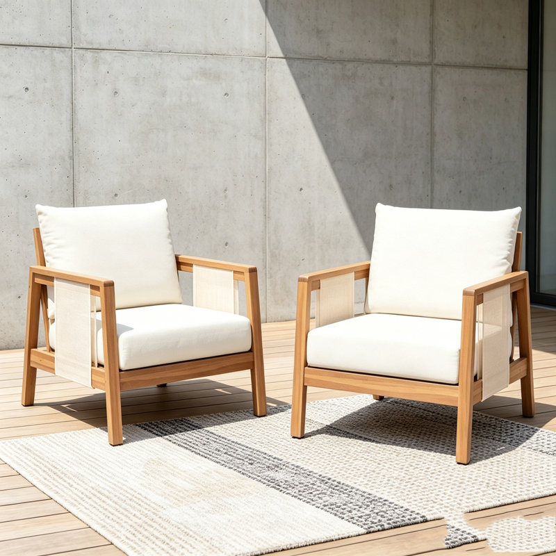 Fauteuil club d'extérieur, coussins blancs hydrofuges, Teak-2pieces