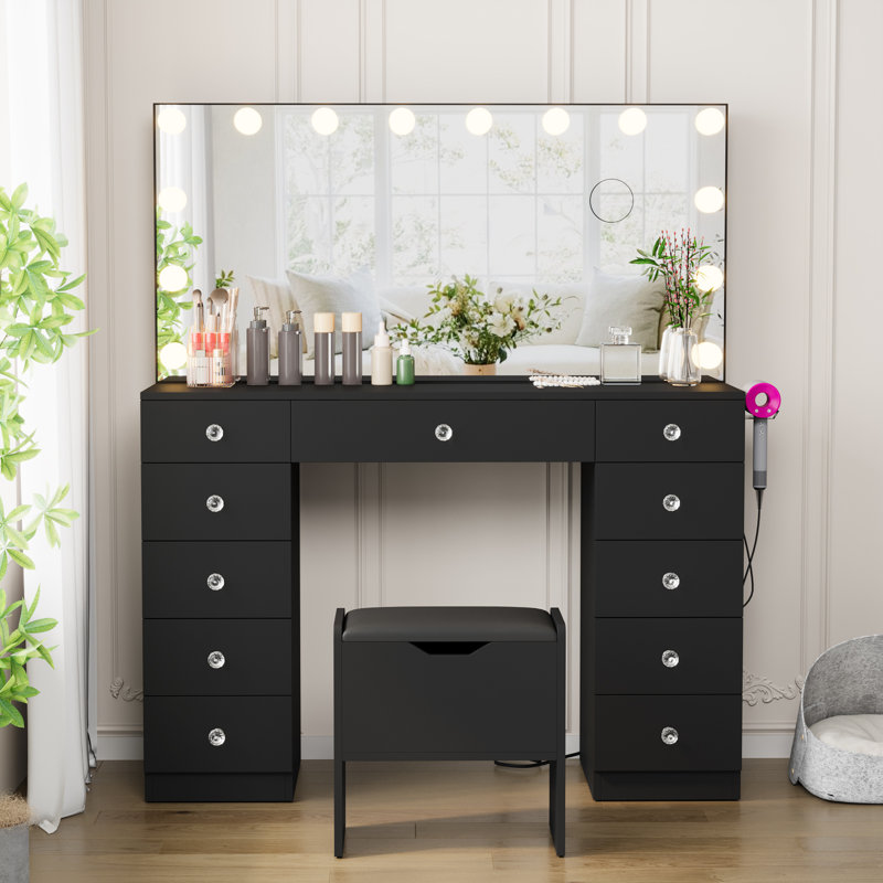 Greyden Vanity With 11 Drawers & Storage Stool, Black