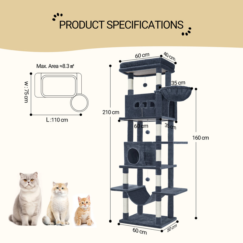 Cat Tree for Indoor Cats, Large Tall Cat Tower, Multi-Level Cats House with Condo, 8 Scratching Posts, Hammock, 4 Pom Poms