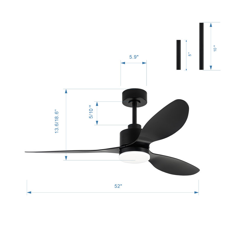 Loritta 52'' 3 - Blade Large Indooor Ceiling Fan With Light Kit and Remote, 3 LED Colors, 6 Speed Noiseless DC Motor, Timer