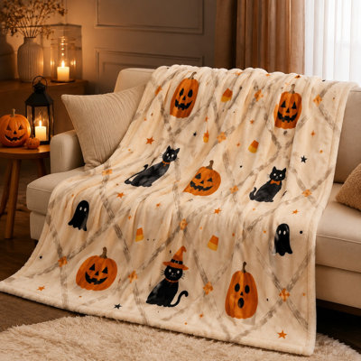 Cute Halloween Cat Pumpkin Ghost Print Fleece Throw Blanket, Soft Cozy Warm Lightweight Plush Bed Blanket for Sofa Couch Bedroom Living Room Home Decor