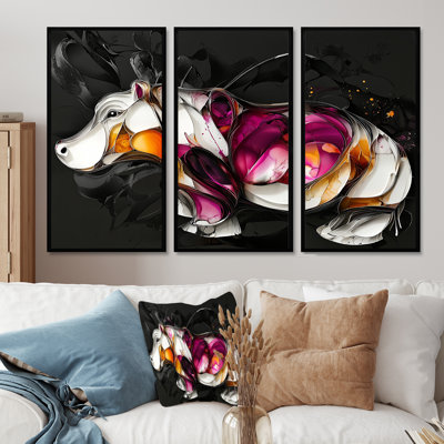 Pink Cubist Hippo Accented With Orange - Hippopotamus Wall Art Living Room Set