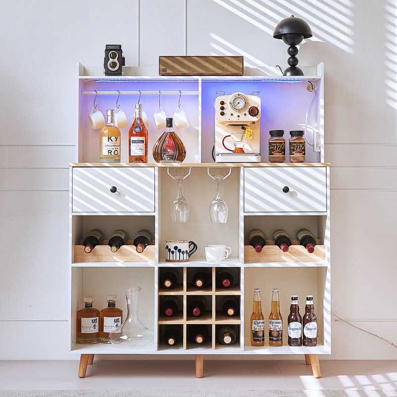 43.3'' Wine Bar Cabinet With Power Outlet, Smart Led Wine Rack & Glass Holder, Multi-functional Liquor And Coffee Bar Cabinet With Waterproof Countertop, Drawers, And Solid Wood Legs For Home Dining Room