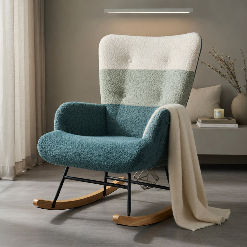  Chaise berçante ergonomique avec dossier haut, siège en tissu Boucle, base en bois d'hévéa et pochette de rangement latérale, parfaite pour la chambre de bébé, le salon ou le bureau personnel, blanc et bleu