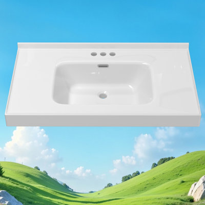 37" L x 22" W Solid Surface Single Bathroom Gloss White Integrated Vanity Top Bathroom Countertop With Center Sink With 1-3/8" H Backsplash