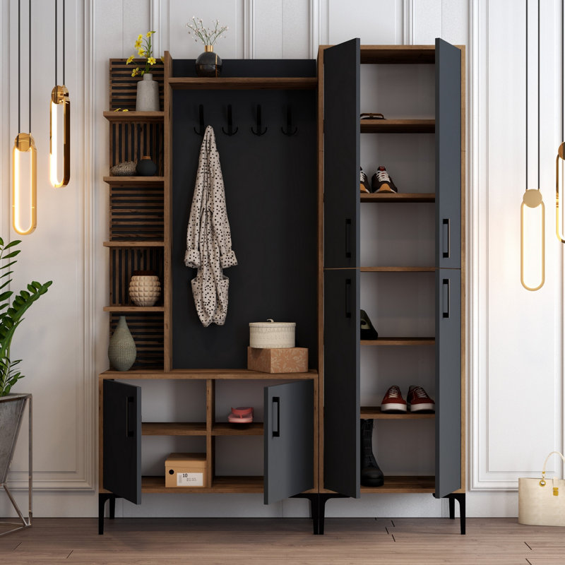 Hall Tree 59.06'' Wide with Shoe Storage, Walnut/Anthracite