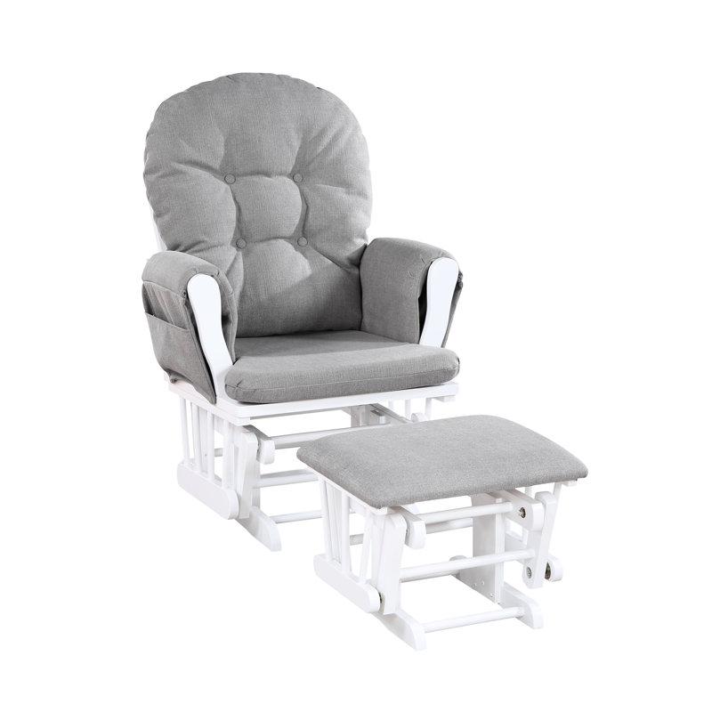 Fauteuil à bascule Mason en bois blanc et tissu couleur huître - Paisible dans la chambre d'enfant, mouvement de glissement doux, coussin de dossier, rangement latéral, accoudoirs de style classique gris chiné, glissement silencieux, dossier capitonné, accoudoirs traditionnels
