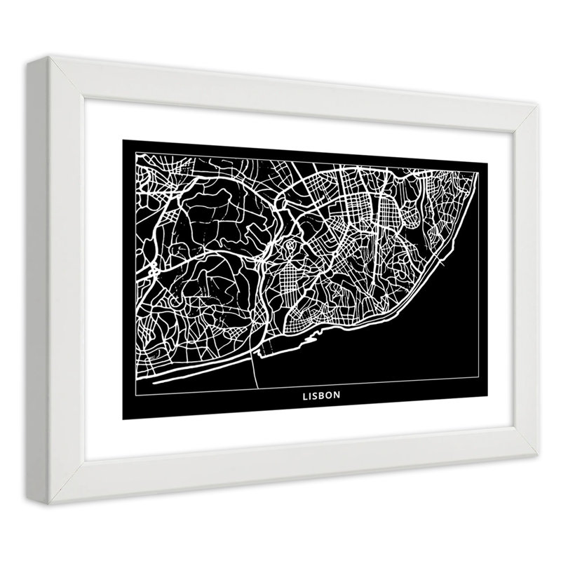 Lisbon City Map - Single Picture Frame Print, White, 70cm H x 100cm W
