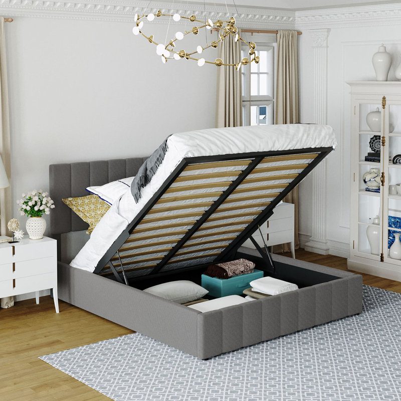 Alfie-Ray Upholstered Storage Platform Bed with Upholstered Headboard, Gray, Queen