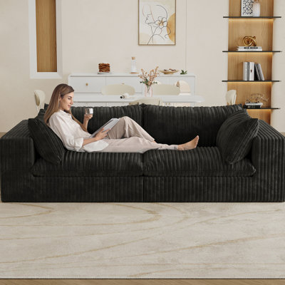 Coussin de siège noir à 2 places avec rembourrage en plumes luxueux, conception modulaire adaptable, revêtement doux et confortable, support en éponge, technologie de compression haute densité, profondeur de produit de 80,83 po
