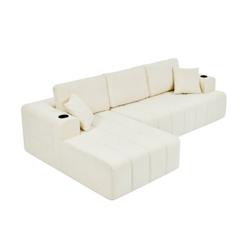 Canapé modulaire en forme de L 108 po avec méridienne en forme de L avec méridienne, canapé de compression rembourré moderne avec porte-gobelets et poches de rangement latérales pour espaces de vie, installation instantanée sans outil