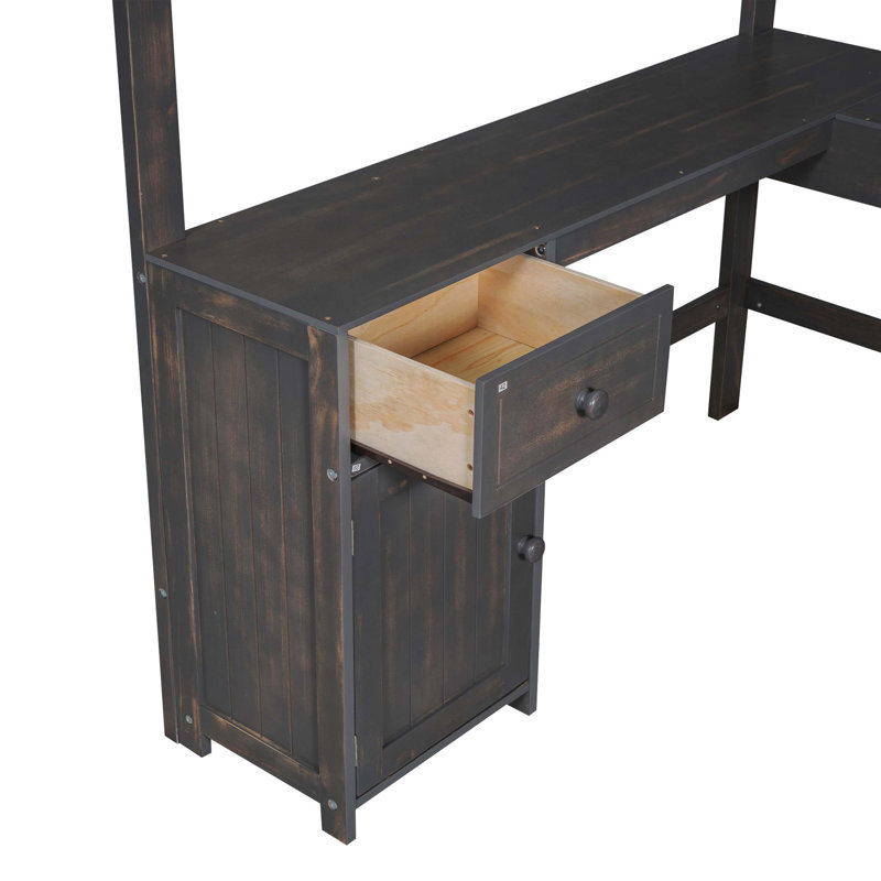 Lit mezzanine double avec bureau en U, tiroirs et tablettes de rangement, brun antique