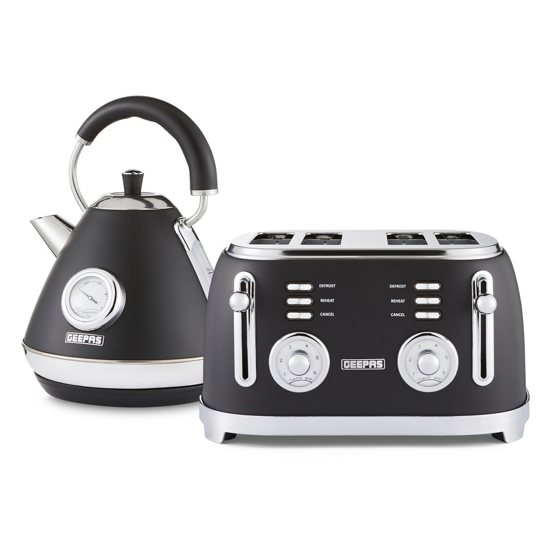 GEEPAS Retrovive 1.7L Electric Kettle & 4 Slice Bread Toaster Kitchen Combo Set | 3000W Vintage Cordless Stainless Steel Kettle Auto Shut-Off, Tempera