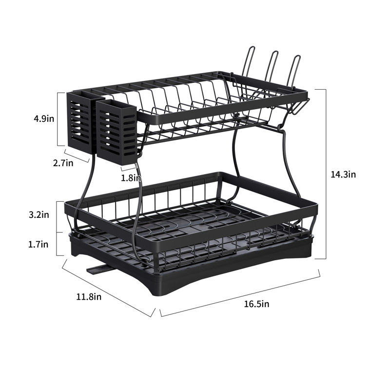 JASIWAY 19.2 in. Black Stainless Steel 2-Tier Dish Rack Freestanding Drying Rack Dish Drainers with Drainboard