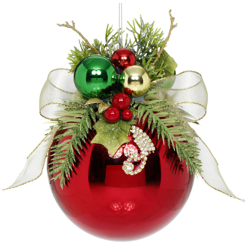 Ornement floral boule à bijoux, brillant, rouge - 6 pouces