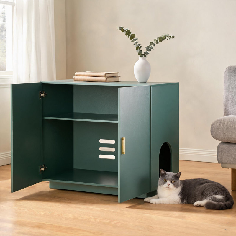 Armoire de rangement pour litière cachée en bois à double porte ventilée pour chat vert convenant à presque toutes les bacs à litière