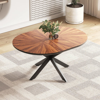 Extendable Round Dining Table For 4-6, Solid Wood Tabletop & Metal Frame, Dining Room Furniture