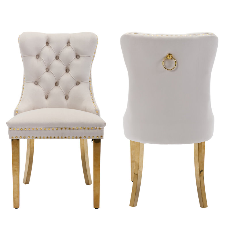 Tufted Velvet Wing Back Side Dining Chairs, Beige, Mirror Gold