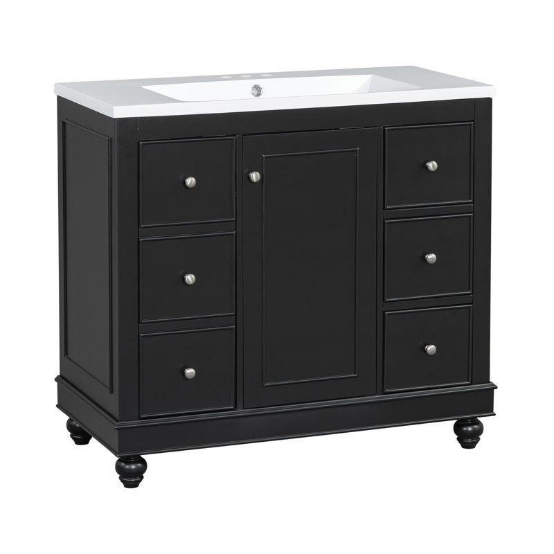 Armoire de salle de bain contemporaine, 36 po x 18 po x 34 po, 4 tiroirs et 1 porte, lavabo en résine, tablettes réglables, bois massif, meuble-lavabo de rénovation, matériau