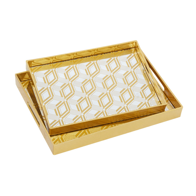 Gold Sun Star Mirrored Glass Tray Set, 2 Piece
