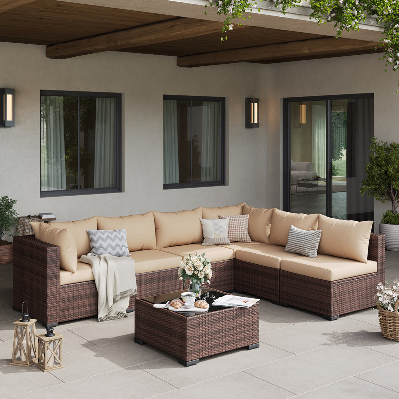 7-Piece Outdoor Wicker Patio Conversation Furniture Set With Cushions, Beige