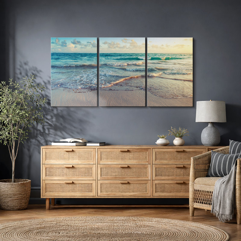 "Coastal Beach", "Sunrise On Ocean Waves Crashing", photos de décor de plage moderne bleu-vert doux, impression sur toile encadrée 3 pièces "16" x 24 "x 3 pièces, 24" x 36 "x 3 pièces