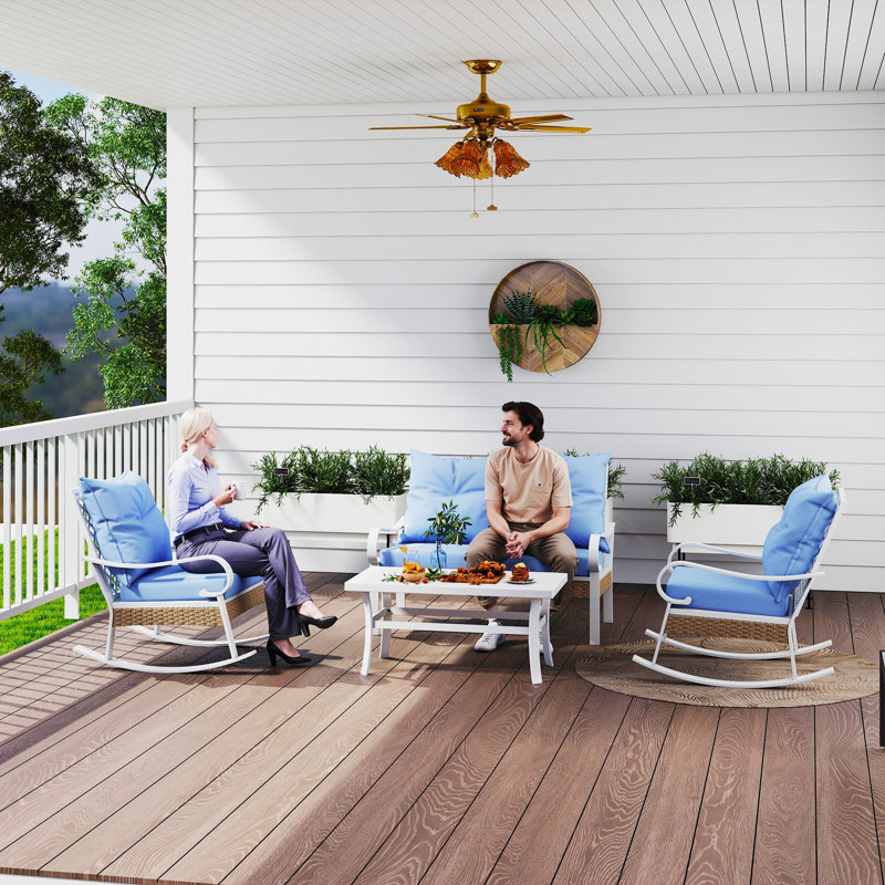 Ensemble de conversation à bascule d'extérieur 4 pièces avec causeuse, accoudoirs et table basse pour jardin, pelouse et piscine, bleu