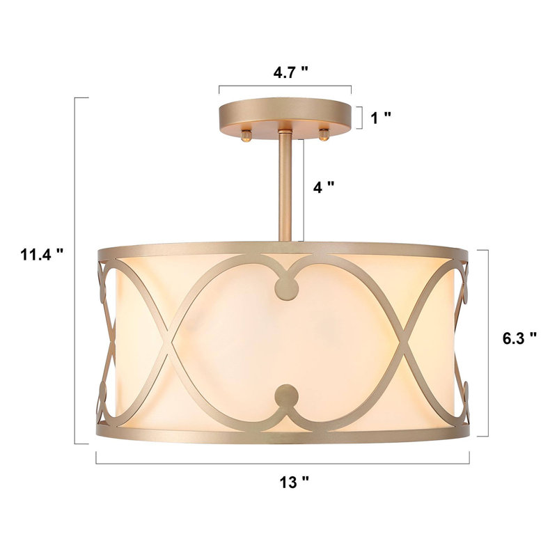 Plafonnier semi-encastré doré à 3 lumières avec abat-jour cylindrique en tissu