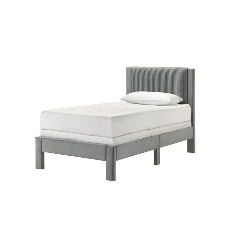 1Pc Contemporary Plush Upholstered Headboard Ribbed Texture Low-Profile Frame Unobtrusive Legs Youth Kids Twin Platform Bed Bedroom Furniture