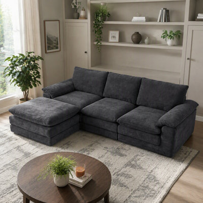 Canapé d'angle modulaire, canapé nuage en forme de U avec 1 pouf amovible, canapé profond confortable en chenille avec coussins moelleux pour salon/appartement (noir)