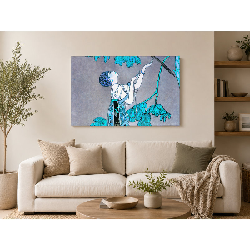 Femme avec oiseau et cage à oiseaux, 18" W x 12" H