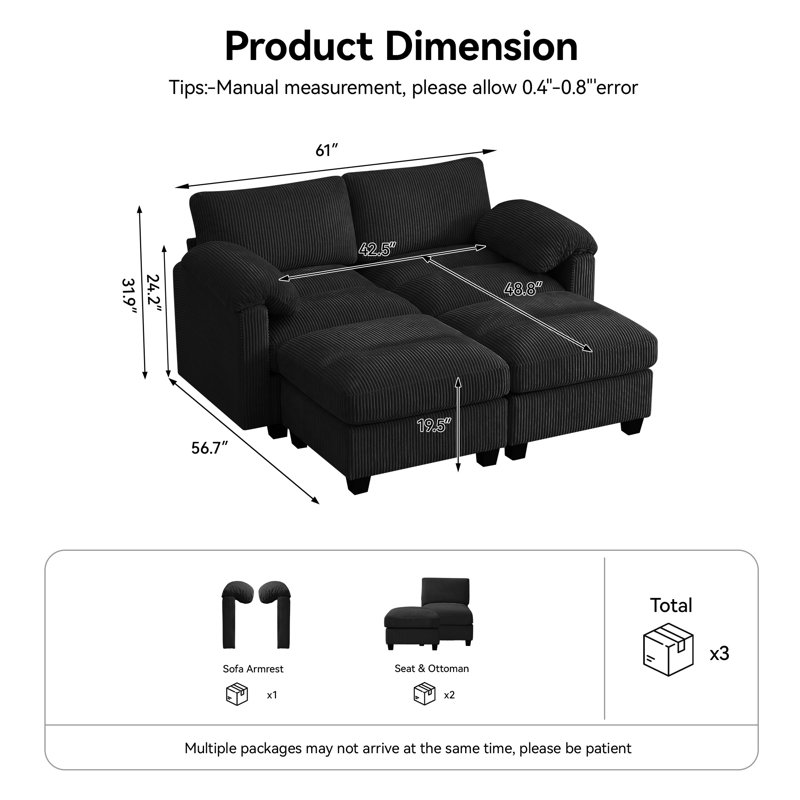 Causeuse modulaire de 61 po avec 2 repose-pieds, accoudoirs coussinés et coussins en velours côtelé, Noir