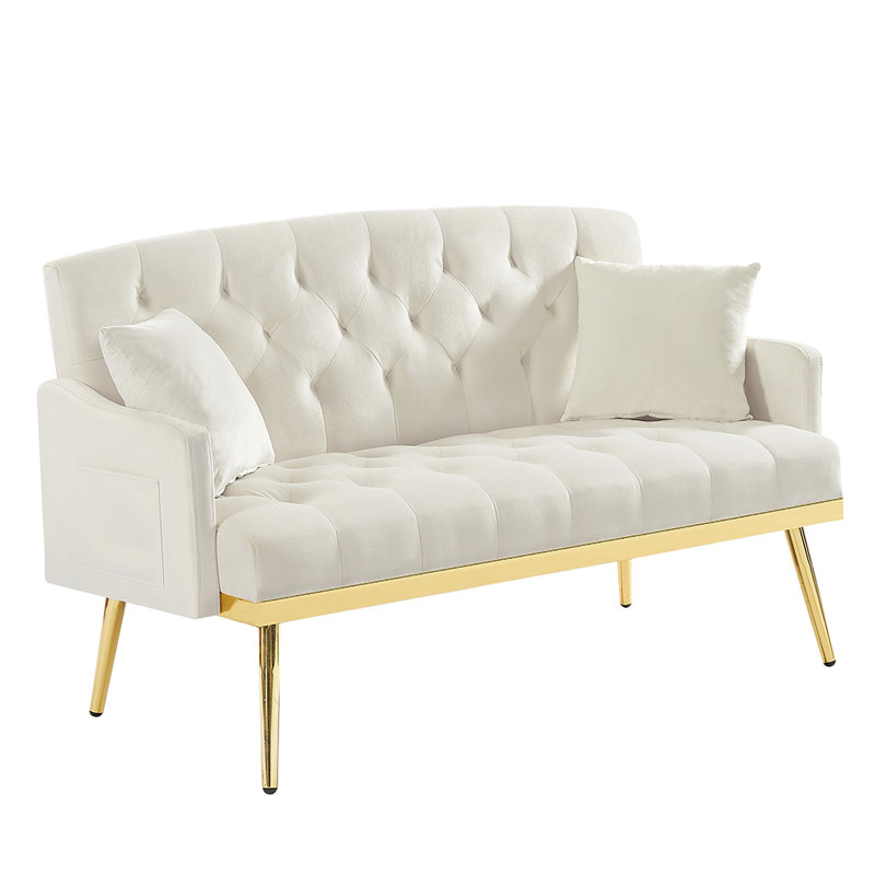 Causeuse en velours à accoudoirs carrés 55,5 po Izzabela, Velours blanc crème