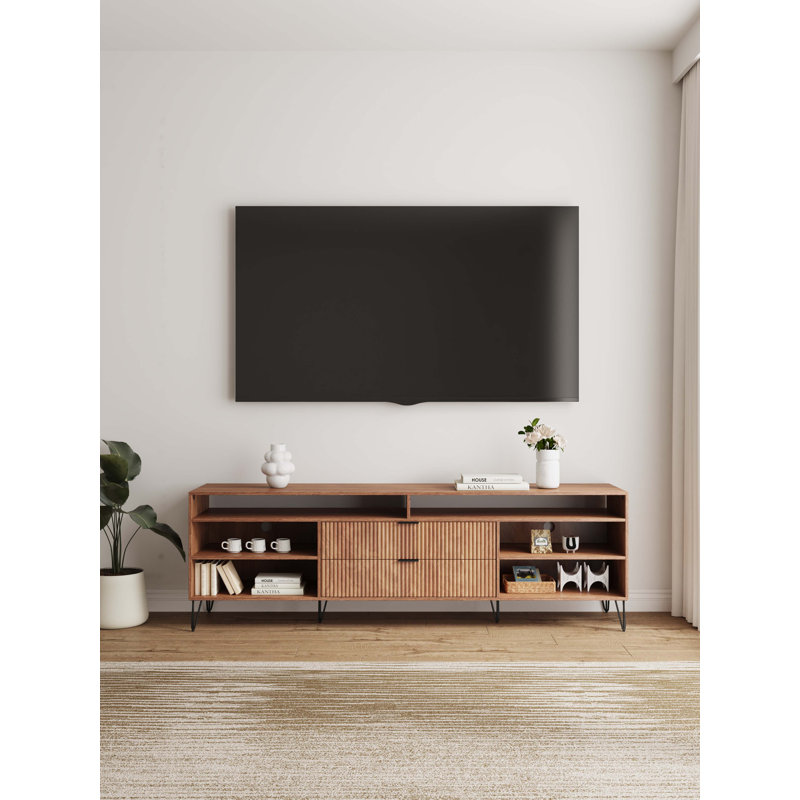 DUMBO 85" Mid-Century Modern TV Stand with 6 Shelves and 2 Drawers, Golden Brown