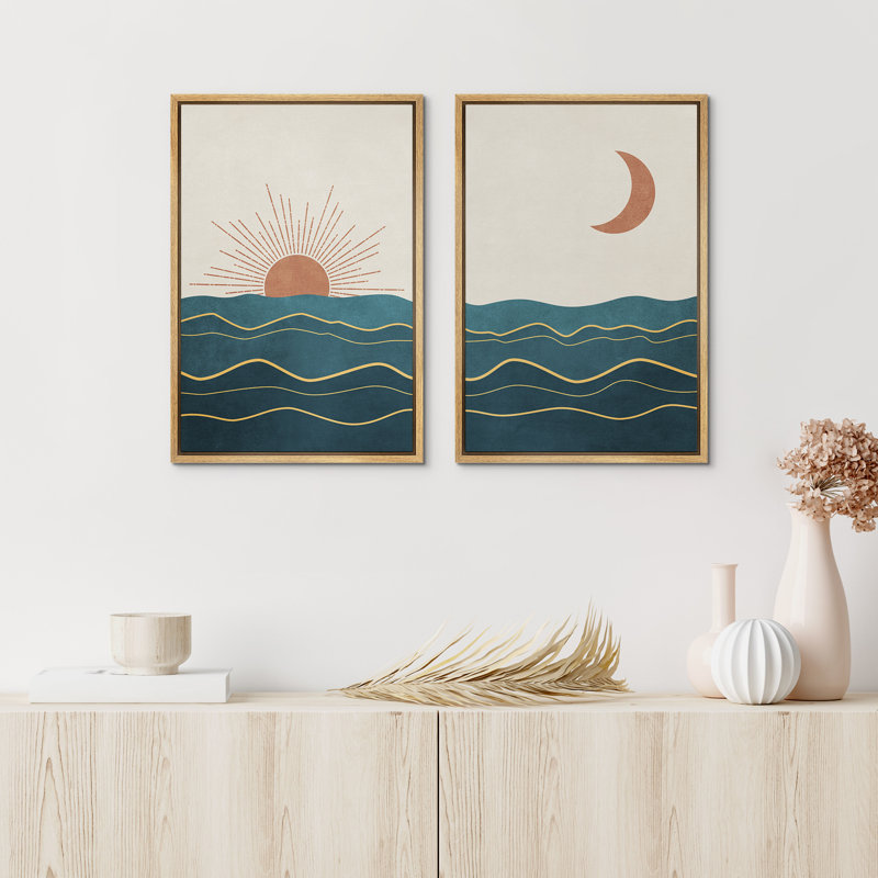 Sun And Moon " Shining Sun And Crescent Moon Over Teal Ocean Waves " 2 - Pieces, 36" H x 48" W, Natural Floater Framed