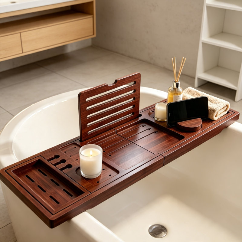 Bamboo Bathtub Tray Expandable Foldable Caddy Walnut