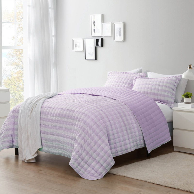 Ensemble de courtepointe surdimensionnée à carreaux brodés, Mauve, Courtepointe très grand et 2 très grandes taies 