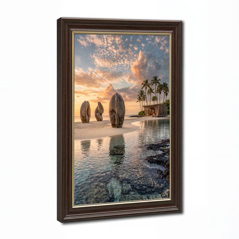 «Stone Sculptures and Palm Trees on Beach at Sunset», art mural sur toile, H 18 po x l 12 po